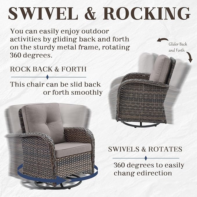 HUMMUH 7 Piece Patio Furniture Set with Fire Pit Table,Wicker Patio Swivel Rocker Outdoor Chairs 3-Seat Sofa for Porch,Poolside,Deck
