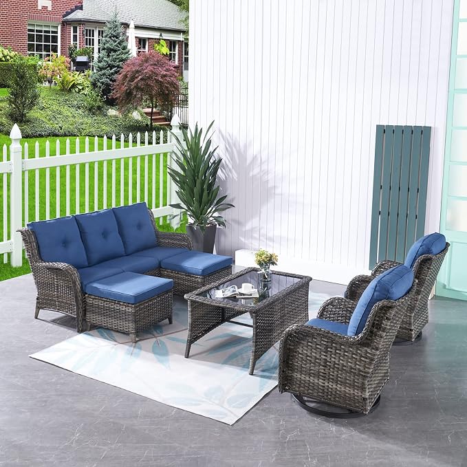 HUMMUH Patio Furniture 6 Pieces Outdoor Furniture Set Wicker Outdoor Sectional Sofa with Swivel Rocking Chairs,Patio Ottomans,Patio Coffee Table, Grey/Blue