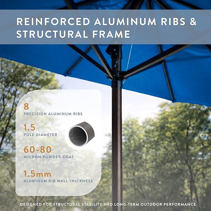 California Umbrella 8-Year Protection 9 Ft Outdoor Patio Umbrella, Solstice Fade-Resistant Fabric, Auto-Tilt, Heavy Duty Aluminum Frame, 8 Reinforced Ribs for Pool or Deck, Bronze Pole, Royal Blue