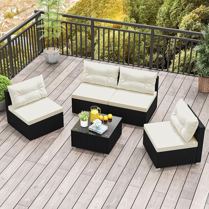 5 Pieces Patio Furniture Set, Outdoor Sectional Sofa with Tempered Glass Coffee Table & Cushions, Wicker Patio Conversation Set for Porch, Deck, Balcony, Poolside & Backyard