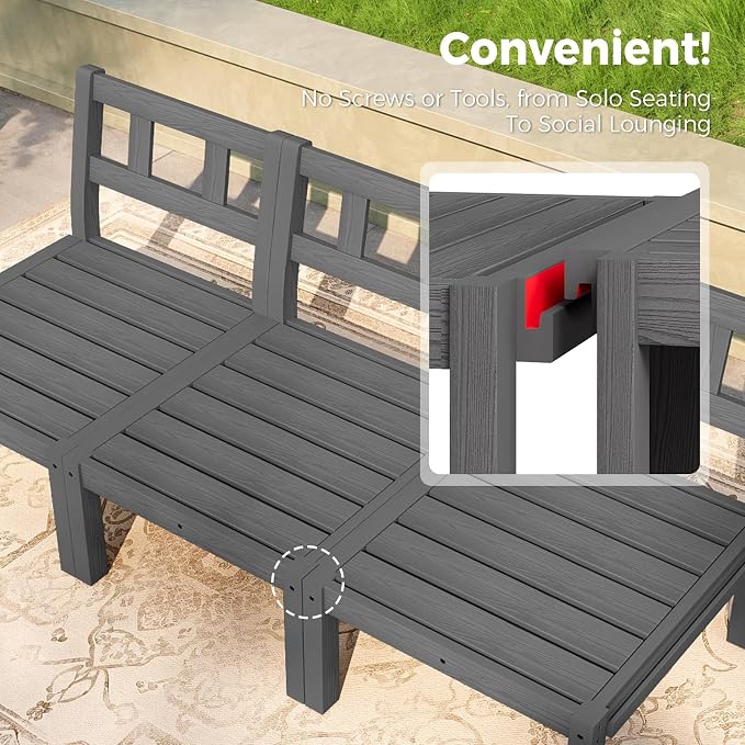 Outdoor Patio Chairs Set of 2, HIPS Modular Sectional Seatings & Thick Cushions– Side Interlock Easy to Connect, Weatherproof Patio Furniture Set for Backyard, Deck, Poolside (Grey)