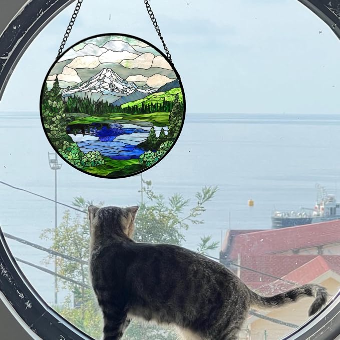 DASTOLL Stained Glass Window Hanging 4 Pcs Set Mountains Lake Green White Landscape Large 11.8" - Suncatcher Door Garden Sun Catcher Decor Birthday Christmas for Mom Woman Nana Men