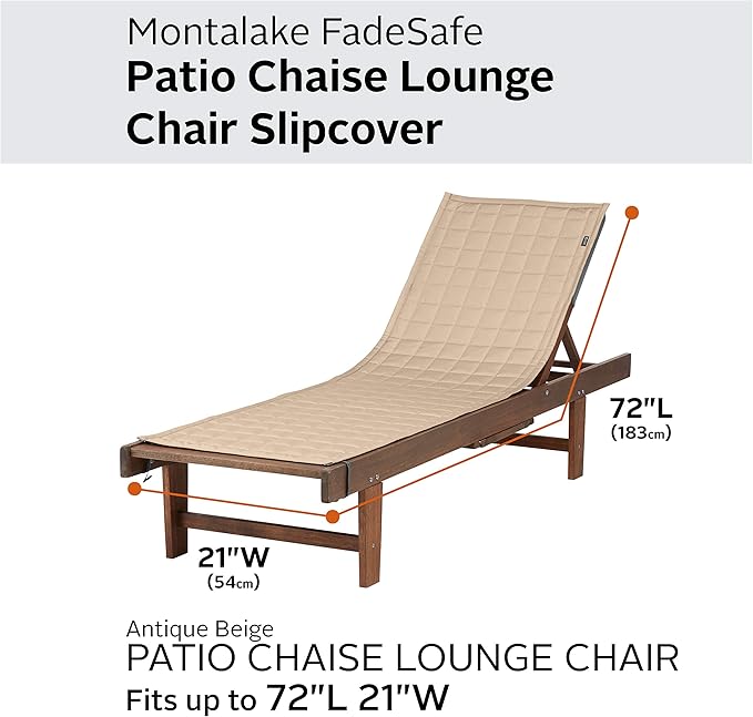 Classic Accessories Montlake Water-Resistant 72 Inch Patio Chaise Lounge Slipcover, Antique Beige, Patio Furniture Covers