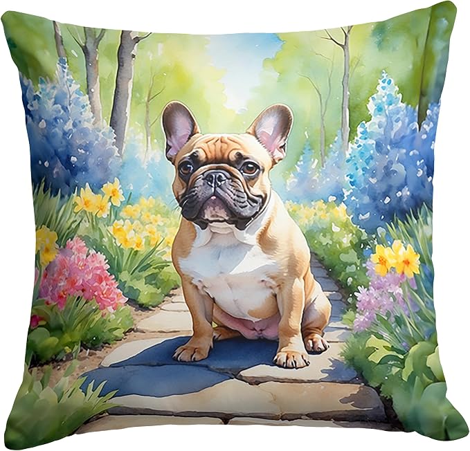 Caroline's Treasures French Bulldog Spring Path Throw Pillow Machine Washable, Indoor Outdoor Decorative Pillow for Couch, Bed or Patio, 18Hx18W