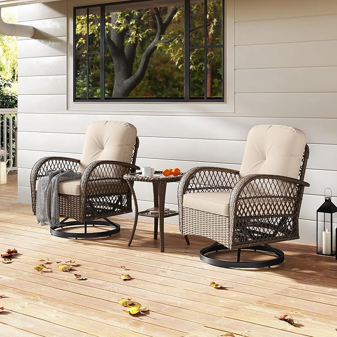 HAPPYGRILL 3 Pieces Outdoor Rattan Swivel Rocker Chairs Set with Tempered Glass Side Table, Outside Sectional Patio Conversation Furniture Set with Swivel Rocking Chairs for Deck Porch Garden (Beige)