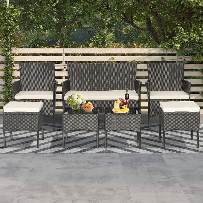 Tangkula 7 Piece Patio Rattan Sofa Set, Wicker Furniture Set with 2 Side Tables and 2 Ottomans, Solid Metal Frame, Soft Cushions, Outdoor Wicker Conversation Set for Front Porch, Poolside