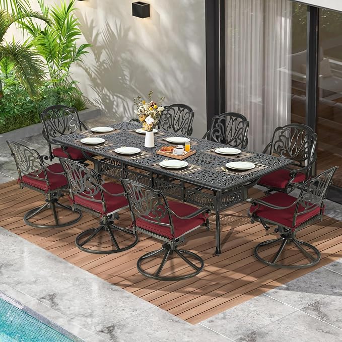 MEETWARM 9-Piece Outdoor Patio Dining Set for 8, All Weather Cast Aluminum Patio Funiture Table and Chairs Set- 94.5” Rectangular Table and 8 Cushioned Swivel Rocker Chairs, Umbrella Hole, Chili Red