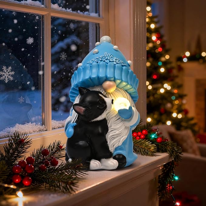 GIGALUMI Solar Garden Statue, Gnome with Dog Outdoor Decor, Gnomes Decoration Gifts with LED for Patio Yard Lawn Balcony, Christmas/Birthday Gift for Mom Women