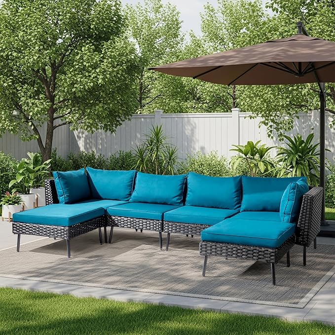Outvita 6 Pieces Patio Furniture Set, All-Weather Outdoor Sectional Patio Sofa PE Rattan Manual Weaving Wicker Conversation Set with Ottoman & Adjustable Feet & Pillow & Seat Cushion, Green & Black