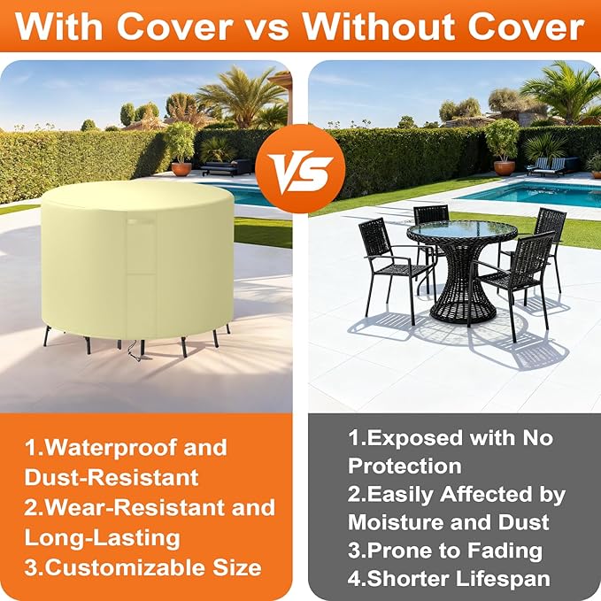 52"(D) x 8"(H) Round Outdoor Furniture Cover, Custom Heavy Duty 420D Waterproof Patio Furniture Cover with Drawstring & Buckles for Table Chair Garden, Cream