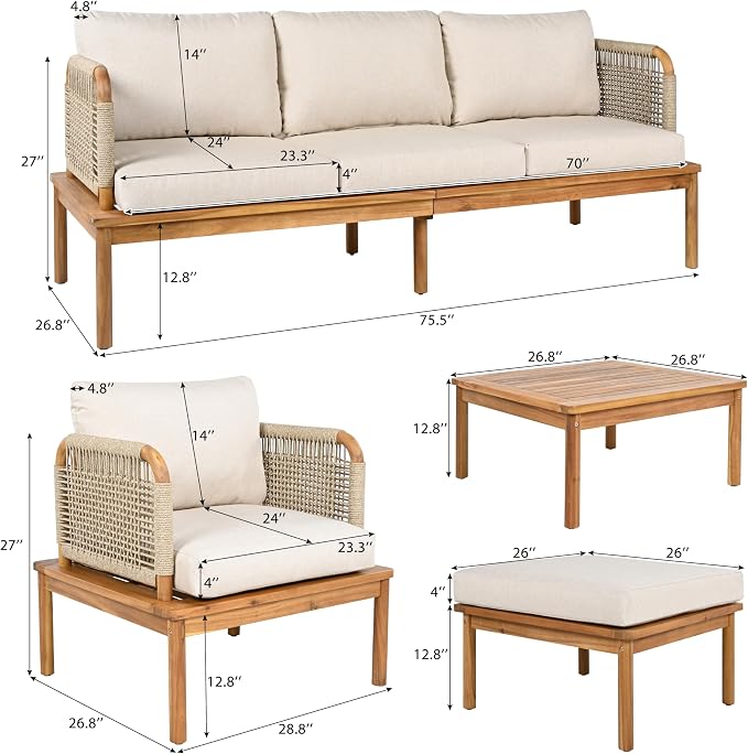 Merax Outdoor 5-Piece Acacia Wood & Rope Patio Sofa Set with Ottoman & Table, Water-Repellent Cushions, for Garden & Patio