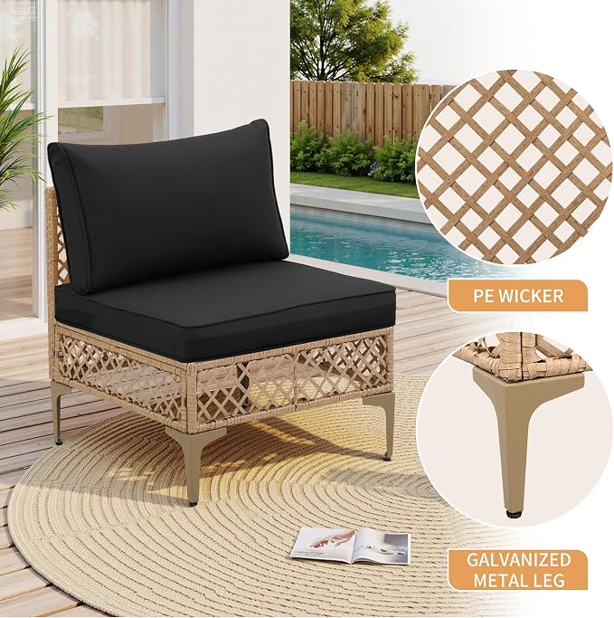 FHFO 7 Piece Outdoor Wicker Patio Furniture Set, Yellow/Black | Sectional Sofa | All-Weather Hand-Woven Rattan | Tempered Glass Coffee Table | Free Combination | Indoor & Outdoor Use
