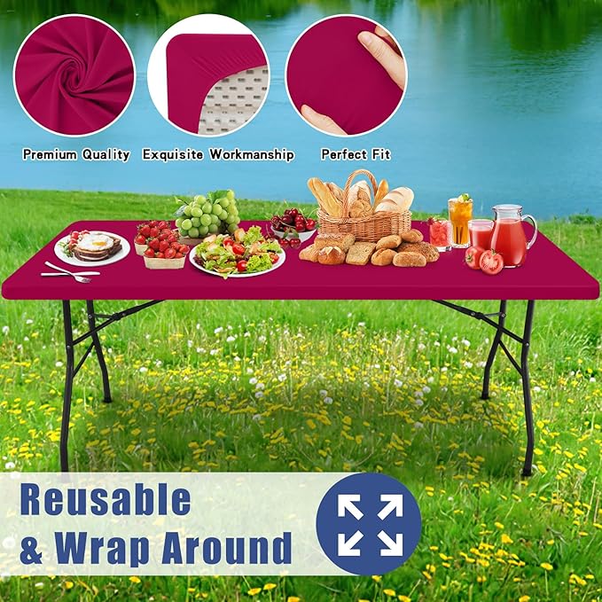Moosfor Spandex 8 Foot Rectangle Table Cloth 2 Pack, Elastic Fitted Tablecloths for Picnic, Stretch Washable Patio Table Cover for Outdoor, Camping, Banquet and Parties (Fuchsia, 30"x96")