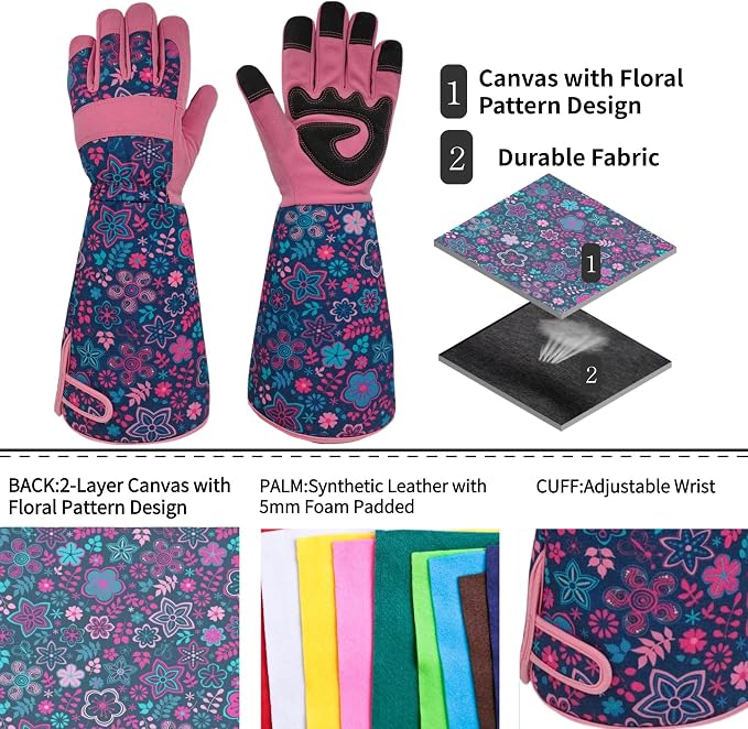 Thornproof Rose&Cactus Gardening Gloves,Gauntlet Garden Glove,Gifts | Canvas,Cute Floral Pattern,Leather Palm,Touchscreen,Durable Material,Garden Gift,Men&Women,Machine Washable,Adjustable Cuff