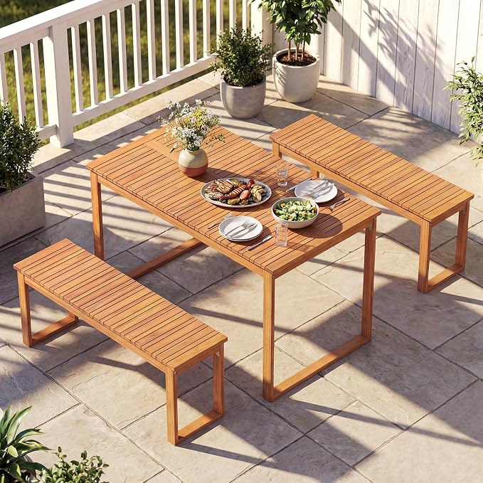 Tangkula 3 Pieces Patio Wooden Dining Set, Acacia Wood Rectangular Picnic Beer Table with 2 Benches for 4 People, Outdoor Dinner Furniture Set for Backyard, Garden and Poolside