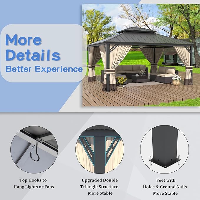 ALAULM 12'x14' Hardtop Gazebo, Outdoor Double Roof Canopy with Netting and Curtains, Galvanized Metal Frame, Sunshade for Patio, Backyard, Deck and Lawns-Sand