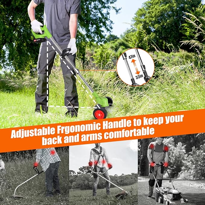 Electric Weed Wacker Cordless Weed Trimmer 21V Stringless Weed Wacker Lightweight 3-in-1 Grass Trimmer/Brush Cutter/Edger with 2pcs Batteries&Wheel, 4Types Blades, for Lawn, Garden & Yard