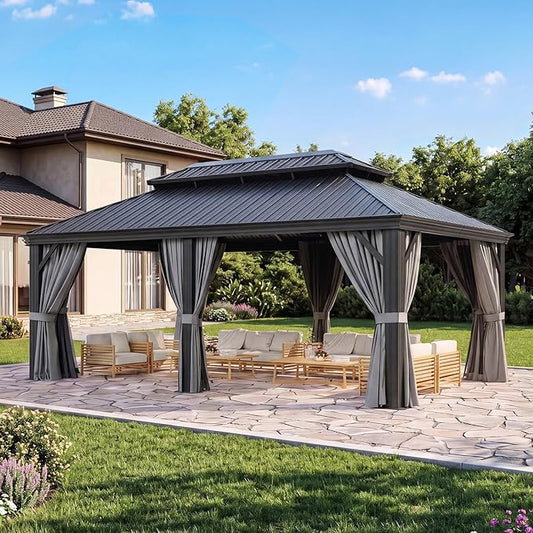 Aoxun 12' X 20' Hardtop Gazebo, Aluminum Outdoor Gazebo with Drainage System, Permanent Metal Pavilion with Privacy Curtain and Netting, for Poolside, Backyard
