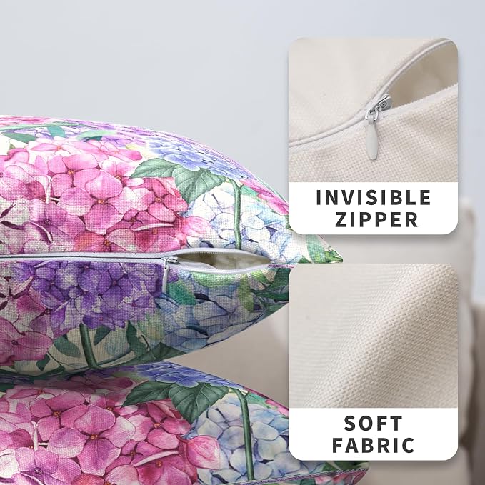 Pink Hydrangea Pillow Covers Spring Flowers Outdoor Pillow Covers 18x18 Set of 2 Purple Pink Hydrangea Eucalyptus Pillow Case Cotton Linen Cushion Case for Sofa Garden Patio