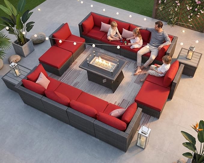 NICESOUL 15 Piece Wicker Outdoor Patio Furniture Set with Fire Pit, XL Size 12-Seater Patio Sectional with Firepit, All Weather 500 lbs Heavy Duty Outside Sofa, Grey & Red