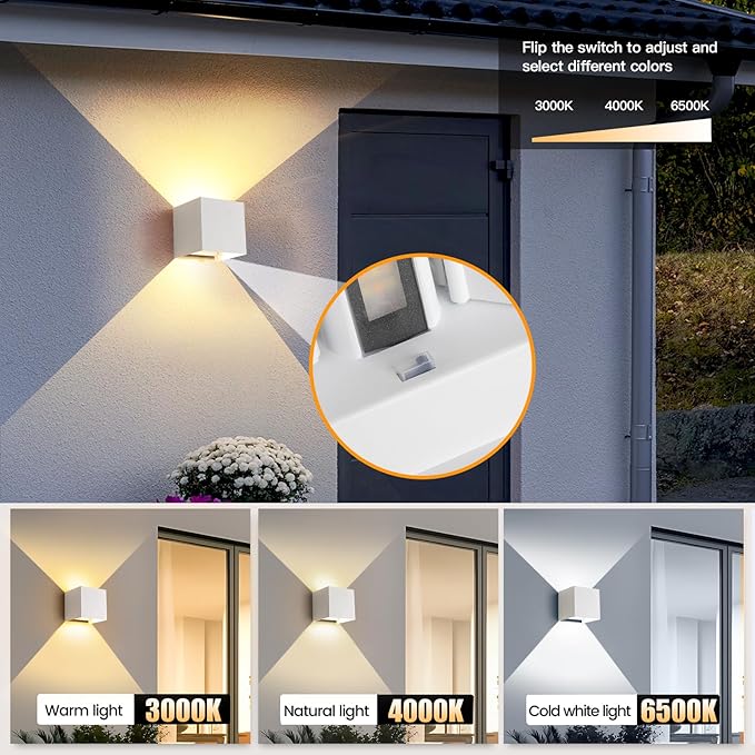 15W 3CCT Adjustable Up and Down LED Wall Sconce | White IP65 waterproof ETL certified 1300LM Exterior/Interior Lighting Fixtures for porches & patios