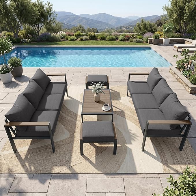 Outdoor Patio Furniture Set 5 Pieces Luxury Aluminum Patio Conversation Set with Coffee Table 8 Seats, Thick Cushions, Large Sectional Sofa for Porch, Balcony, Deck, Yard, Dark Gray