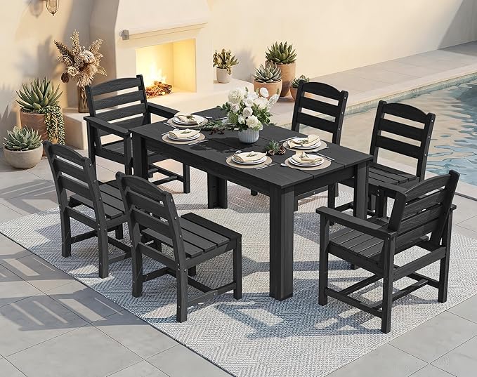 SERWALL Outdoor Dining Sets for 6, HDPE Dining Sets with 1 Umbrella Hole Cut-Out Rectangular Table and 4 Armless Chairs and 2 Armchairs, Patio Dining Sets, Black