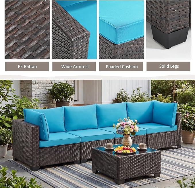 ANJ 3 Piece Outdoor Wicker Patio Furniture Set, Modular Loveseat Sofa with with Glass Top Coffee Table, All-Weather Rattan Conversation Couch Set for Balcony, Backyard, Dark Brown Wicker-Turquoise