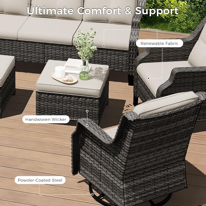 Swivel Patio Chairs Set of 2, Wicker Patio Furniture with Thick Cushions, Curved Armrest, Deep Seating, Rattan Outdoor Chairs for Porch, Deck, Balcony
