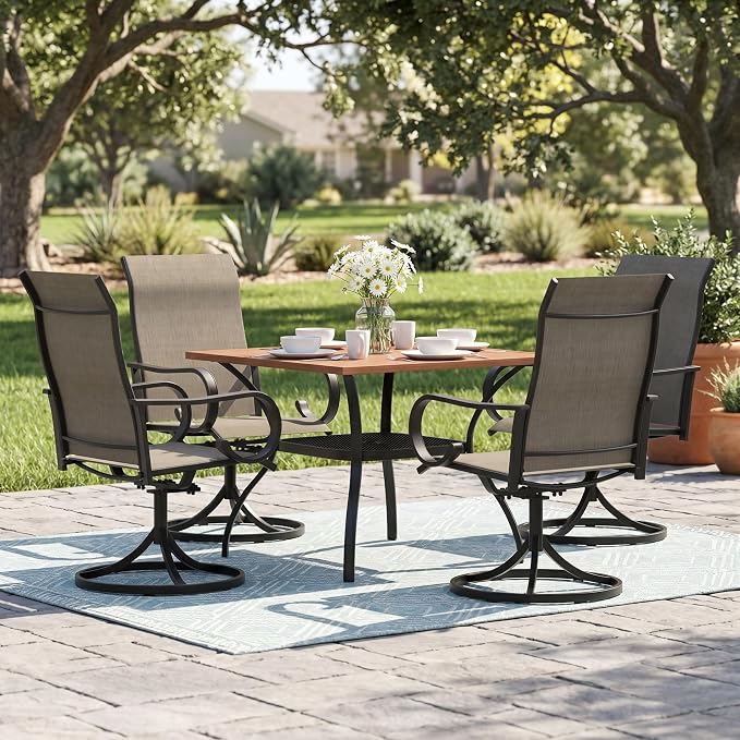 5 Pieces Patio Dining Set, 4 Outdoor Swivel Dining Chairs with 37.8" Square Metal Outdoor Dining Table with Umbrella Hole for Garden Backyard Deck, Mixed Brown & Walnut