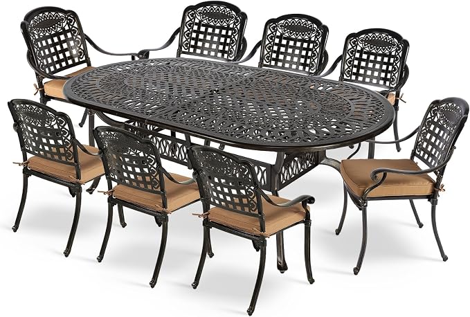 MEETWARM 9-Piece Patio Dining Set, All Weather Cast Aluminum Outdoor Dining Table Set with 1 Oval Table, 8 Chairs, 8 Cushions, 2" Umbrella Hole, Dark Bronze