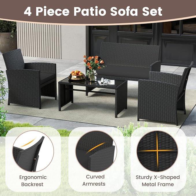 HAPPYGRILL 4 Piece Rattan Wicker Patio Conversation Set, Outdoor Furniture with Chair Loveseat Table & Cushion, for Backyard Porch Balcony (2, Black & Black)