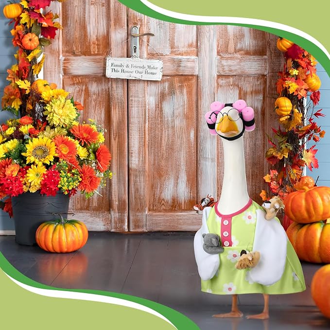 Suzile Funny Lady Porch Goose Outfit for 23'' Cement Goose Curler Wig Costume Glasses with Cute Animals for Holiday Parties Yard Lawn Outdoor Garden Patio Concrete Statue Geese Decoration