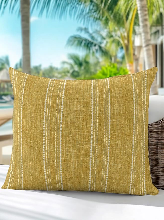 Waterproof Outdoor Pillow 1 Pack Yellow Linen Stripes Decorative Throw Pillows Cover & Insert 18x18 Inch Pillowcase Parallel Vertical Lines Pillows for Couch Sofa Bed Patio Furniture Indoor Outdoor