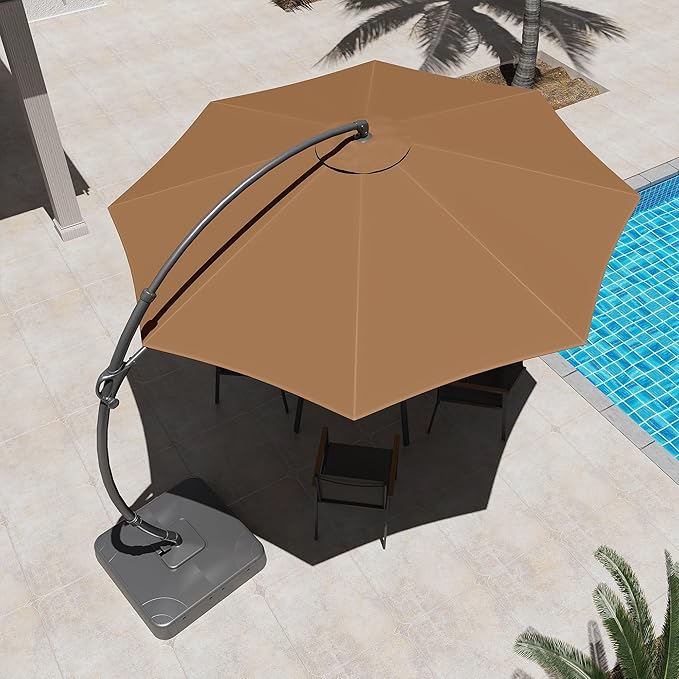LAUSAINT HOME 11ft Patio Cantilever Umbrella with Base Included, Outdoor Curvy Round Offset Umbrella, Heavy Duty Aluminum, 360° Rotation for Pool, Deck, Lawn, Backyard (Tan)