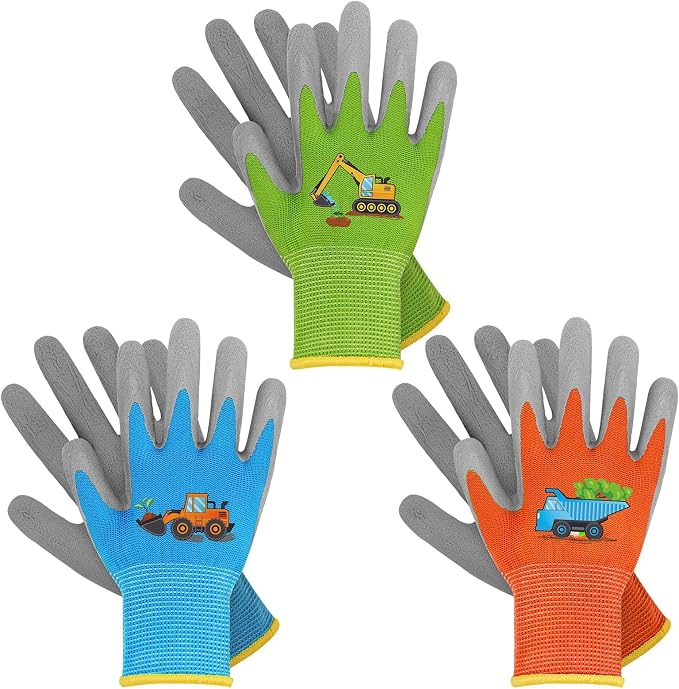 WAWSAM Kids Gardening Gloves 3 Pairs Toddlers Rubber Coated Work Gloves Children Garden Gloves