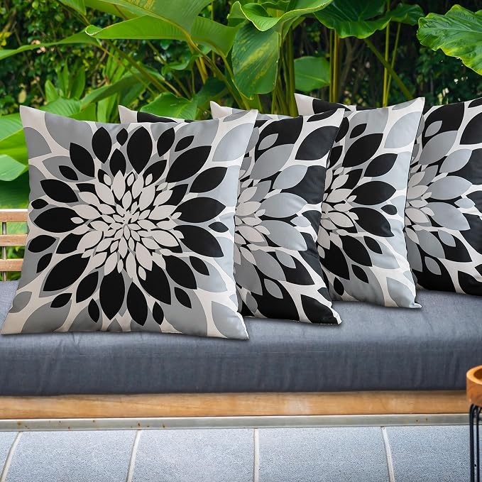 Pack of 4 Outdoor Waterproof Pillow Covers 20x20 Decorative Outdoor Throw Pillows Garden Square Cushion Cases for Patio Furniture, Couch, Tent Sunbrella, Bench, Black Grey
