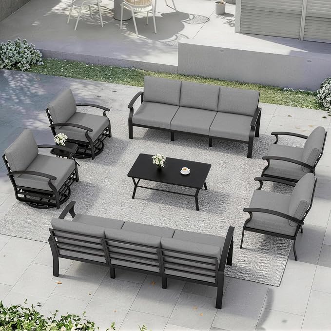 Kurapika Aluminum Patio Furniture Set 10-Seat Modern Metal Outdoor Conversation Sets w/Swivel Rocking Chairs Patio Sectional Sofa w/5.1 Inch Cushion with Rectangular Coffee Table, Grey