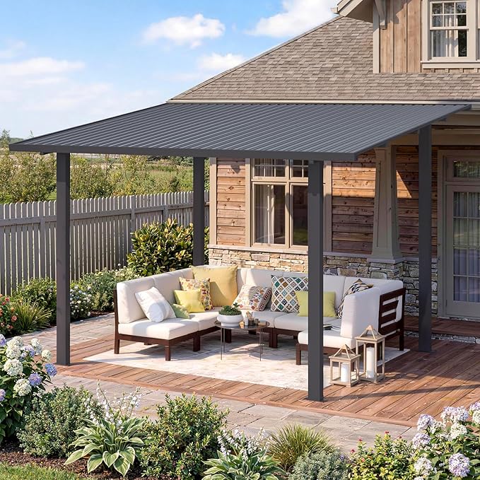 AECOJOY 12' x 8' Outdoor Hardtop Lean to Gazebo for Patio, Large 8x12 Metal Pergola Gazebo, Wall-Mounted Pergolas and Gazebos Clearance, Galvanized Steel Metal Patio Roof Awnings for Patio