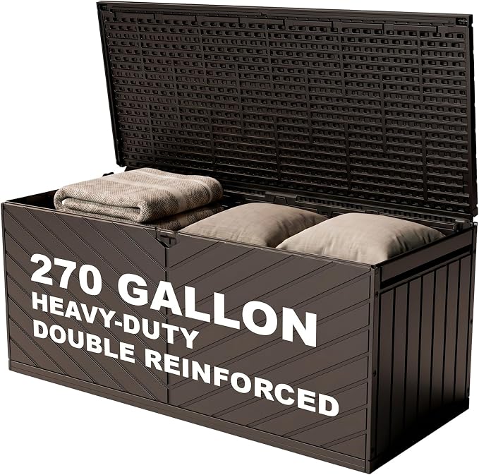 Deck Box, Waterproof Resin Outdoor Storage Box with Double-Layer Lockable Lid, UV-Resistant Storage for Patio, Pool, Garden & Backyard, 270 Gallon, Brown