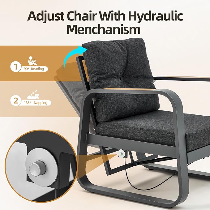 6 Pcs Aluminum Patio Furniture Set with Coffee Table Outdoor Conversation Sofa Set Include Adjustable 3-Seater Sofa, 2 Hydraulic Chair, 2 Ottoman for Balcony, Garden, Poolsid（Gray）