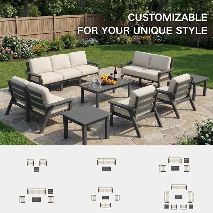 Kingdura HDPE Patio Furniture Set, 7 Piece Outdoor Sectional Sofa with Coffee Table & Side Table, All Weather Outdoor Couch Conversation Set with Washable Cushions for Backyard Poolside Balcony
