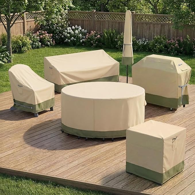 COWVIE Round Patio Dining Set Cover for Outdoor Table and Chairs, 600D Waterproof and UV-Resistant Fabric Patio Furniture Cover with Storage and Air Vent, 96''Dia x 32''H