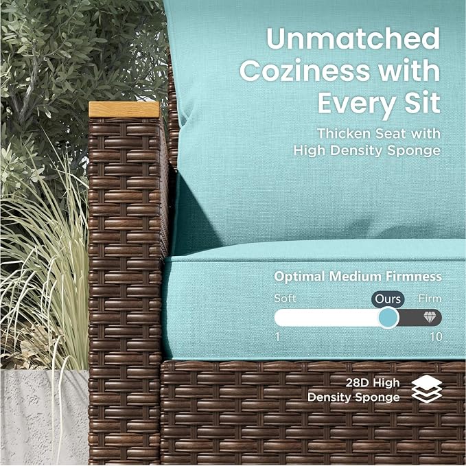 PHI VILLA Wicker Patio Furniture Set with Swivel Chairs, 10 Pieces Half Moon Outdoor Conversations Set, Oversized Rattan Patio Sectional Sofa with Ottoman, Aqua Blue Cushion