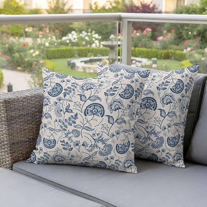 Outdoor Pillow Covers 26x26 Set of 2, Vintage Spring Floral Waterproof Patio Throw Pillow Covers for Couch Sofa Chair, Farmhouse Summer Botanical Retro Decorative Pillowcases for Throw Pillows