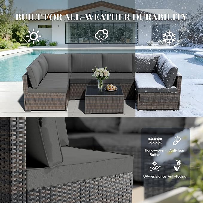 WWR Patio Furniture Set 7 Piece - All-Weather - Wicker Rattan Patio Outdoor Conversation Set, Modular Sectional Sofa for Backyard, Garden, Poolside, Balcony, Porch, Patio, Brown/Dark Gray