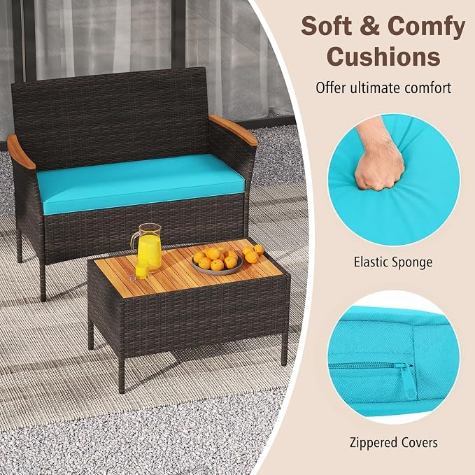 Tangkula 4 Pieces Patio Wicker Sofa Set, 2 Rattan Chairs & Loveseat w/Coffee Table, Acacia Wood Armrests & Tabletop, Outdoor Cushioned Conversation Set for Backyard, Poolside (Turquoise, 8 Pieces)