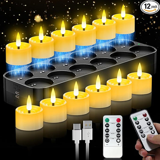 YiaMia 12 Pack Flameless Rechargeable Tea Lights with Magnetic Charging Base & Remote Control Timer, Battery Operated Tea Lights Candles, Rechargeable Votive Candles for Halloween Christmas Decorative