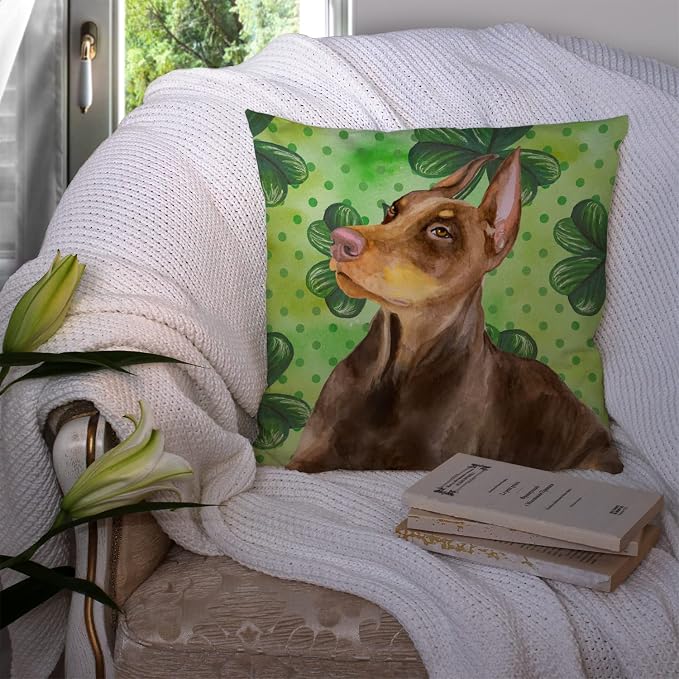 Caroline's Treasures BB9883PW1414 Doberman Pinscher St Patrick's Fabric Decorative Pillow, Green Machine Washable, Indoor Outdoor Decorative Pillow for Couch, Bed or Patio, 14Hx14W