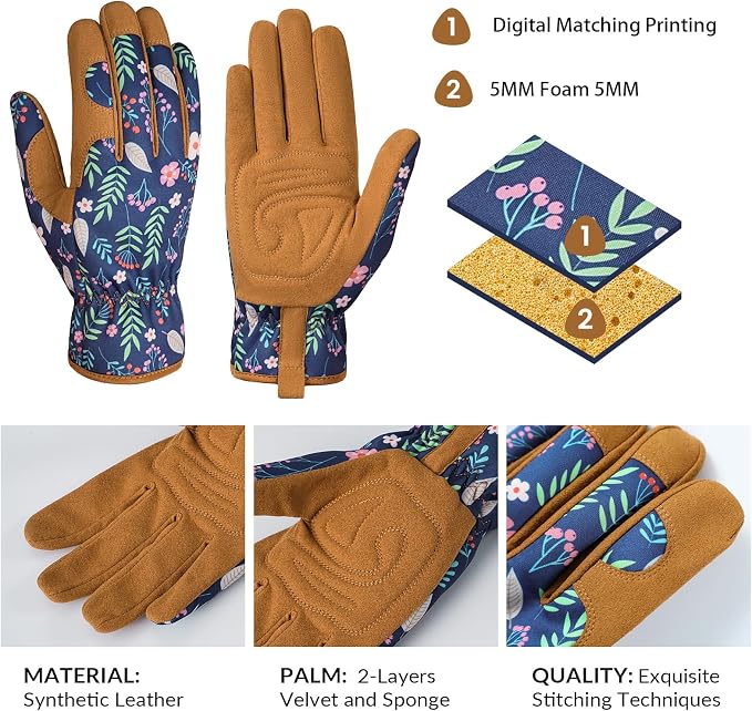 Pleneal Gardening Gloves for Women, Garden Gloves Protective Working Gloves | Abrasion Resistant, Double-Layer Padded Palm, Breathable & Sweat-Absorbent Back, Elastic Wrist Closure, Flexible & Ergonomic